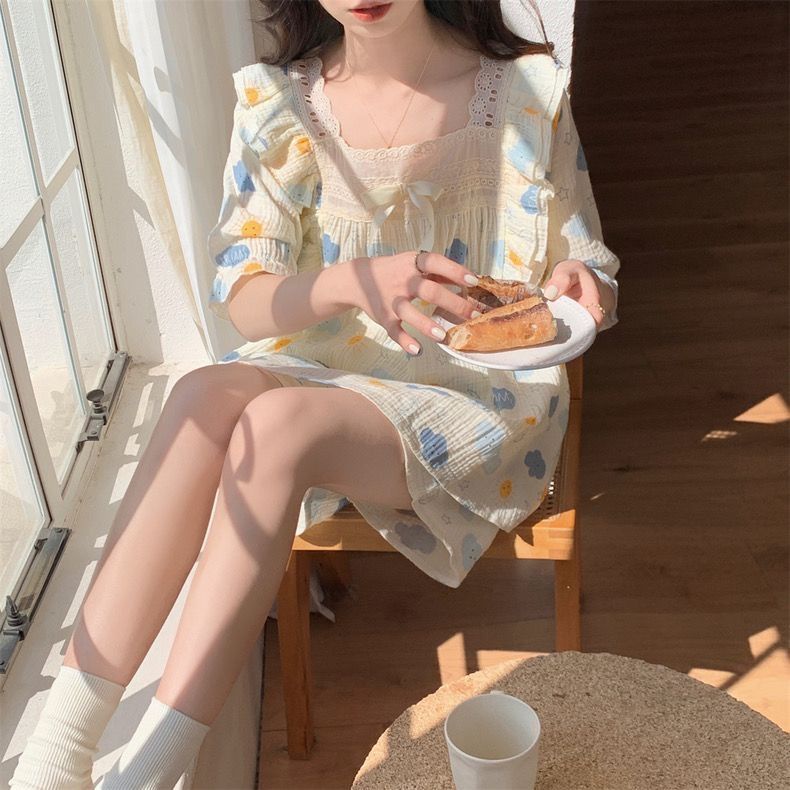 Bộ Đồ Ngủ Tay Ngắn Phối Ren Phong Cách Công Chúa Ngọt Ngào Thời Trang Mùa Hè Cho Nữ