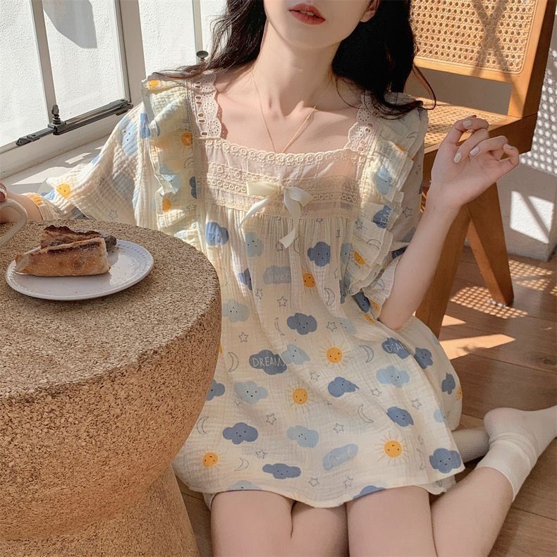Bộ Đồ Ngủ Tay Ngắn Phối Ren Phong Cách Công Chúa Ngọt Ngào Thời Trang Mùa Hè Cho Nữ