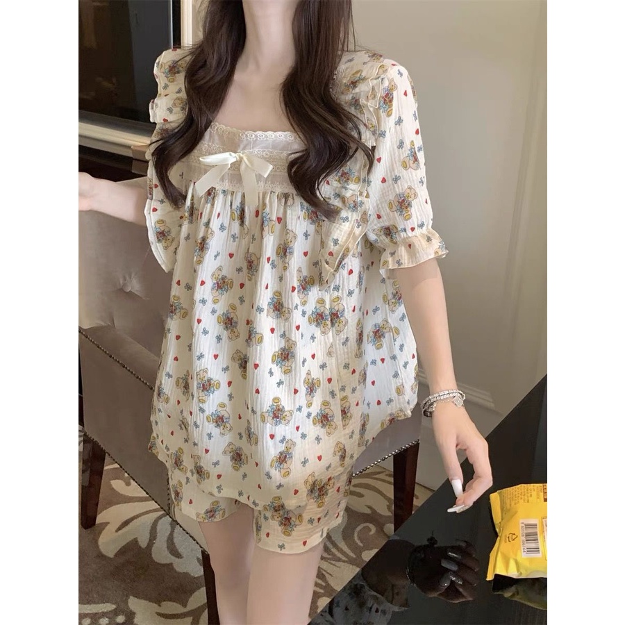 Bộ Đồ Ngủ Tay Ngắn Phối Bèo Phong Cách Công Chúa Dễ Thương Thời Trang Mùa Hè Cho Nữ