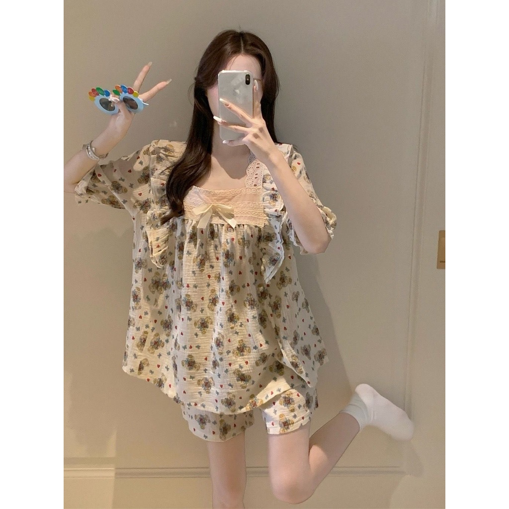 Bộ Đồ Ngủ Tay Ngắn Phối Bèo Phong Cách Công Chúa Dễ Thương Thời Trang Mùa Hè Cho Nữ