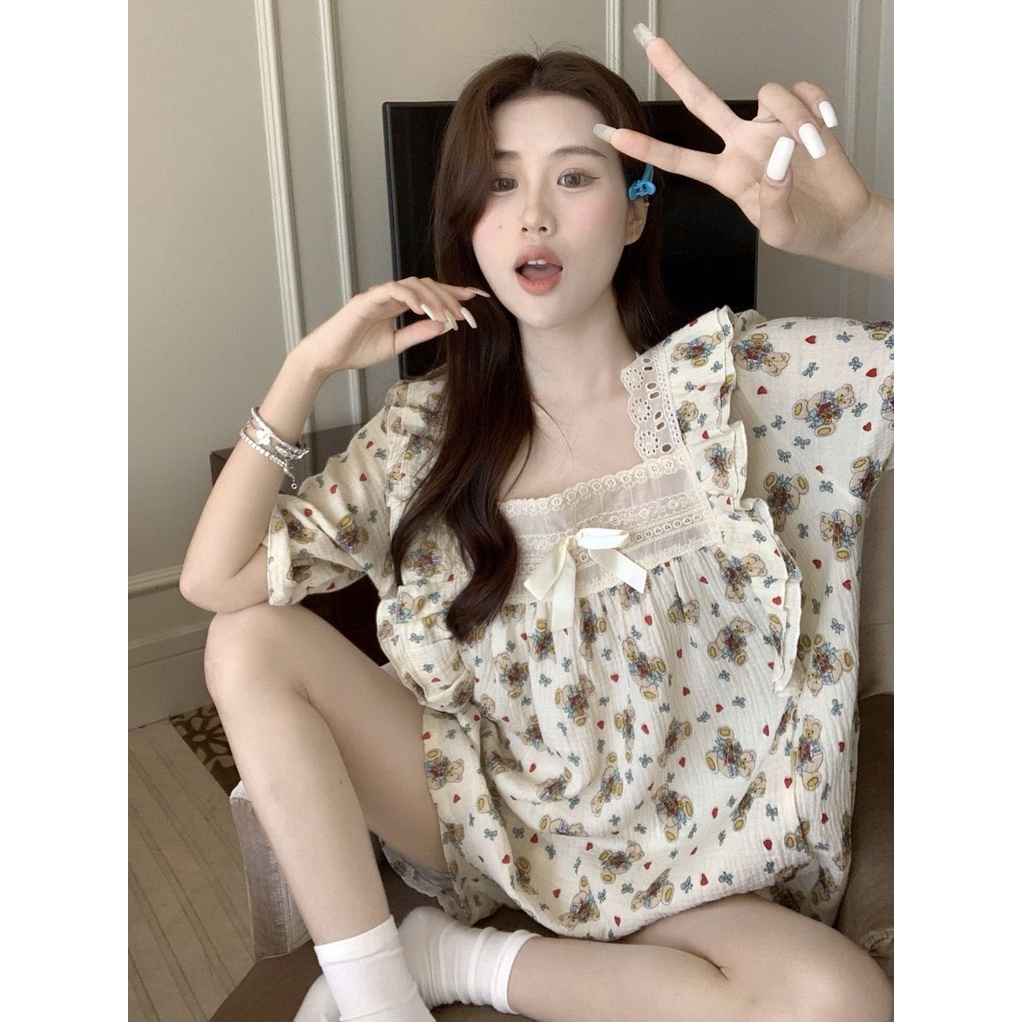 Bộ Đồ Ngủ Tay Ngắn Phối Bèo Phong Cách Công Chúa Dễ Thương Thời Trang Mùa Hè Cho Nữ