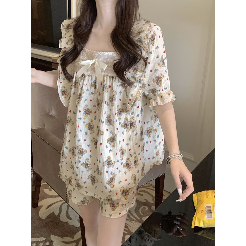 Bộ Đồ Ngủ Tay Ngắn Phối Bèo Phong Cách Công Chúa Dễ Thương Thời Trang Mùa Hè Cho Nữ