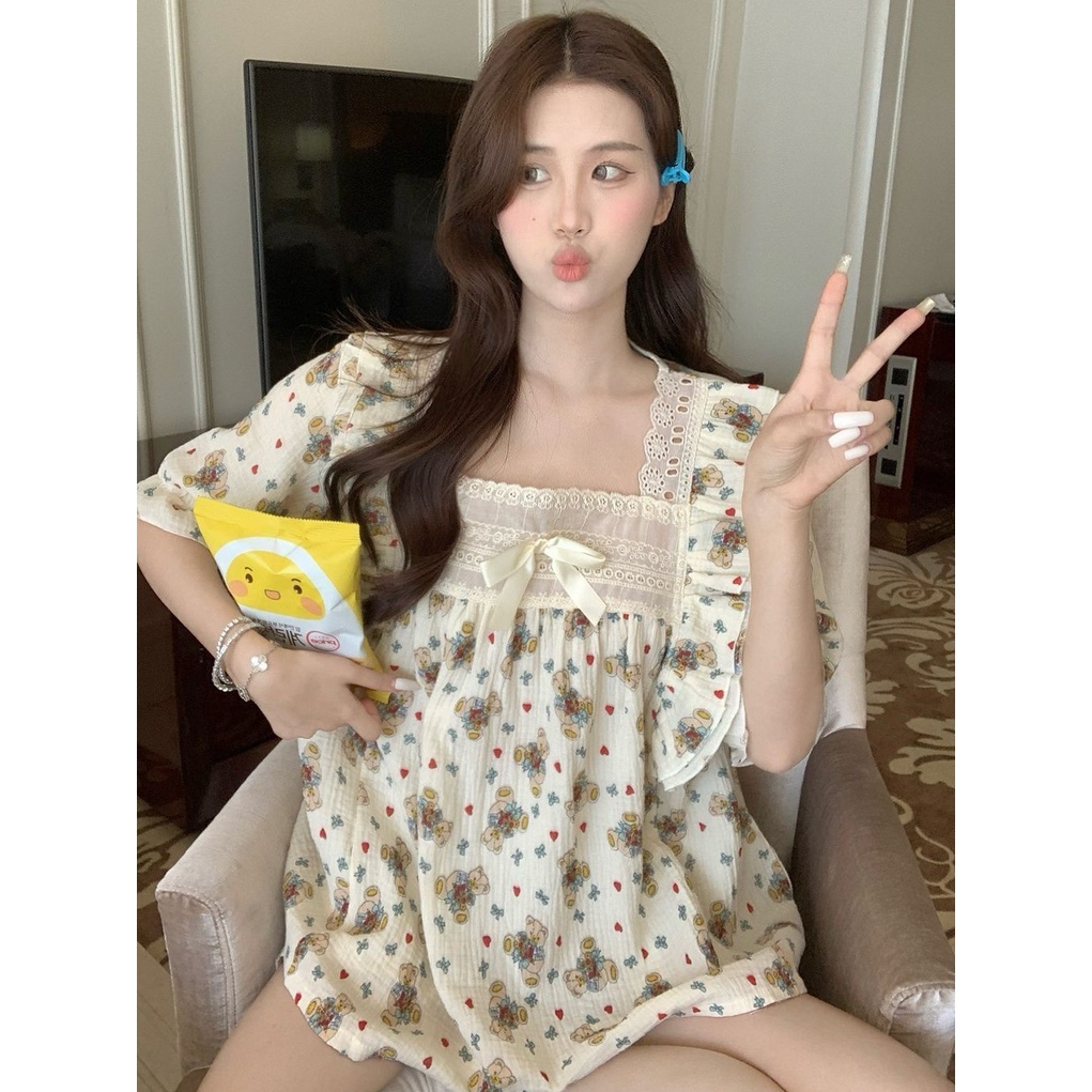 Bộ Đồ Ngủ Tay Ngắn Phối Bèo Phong Cách Công Chúa Dễ Thương Thời Trang Mùa Hè Cho Nữ