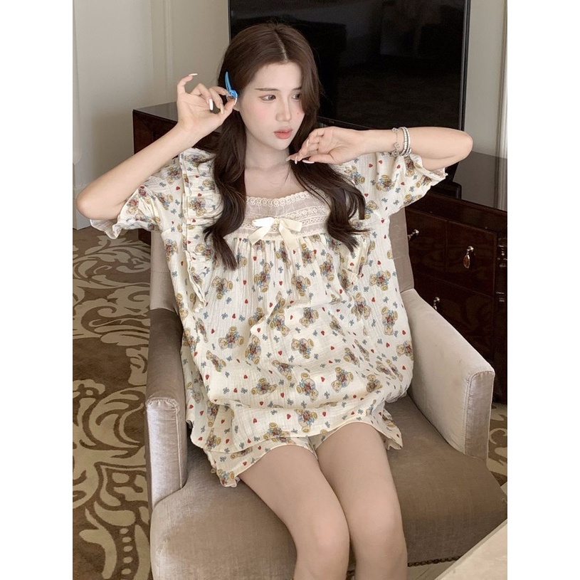 Bộ Đồ Ngủ Tay Ngắn Phối Bèo Phong Cách Công Chúa Dễ Thương Thời Trang Mùa Hè Cho Nữ