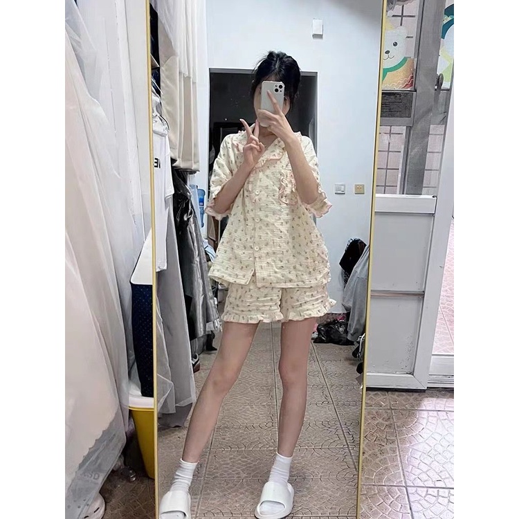 Bộ Đồ Ngủ Ngắn Tay Mềm Mại In Họa Tiết Hoa Xinh Xắn Thời Trang Mùa Hè Cho Nữ