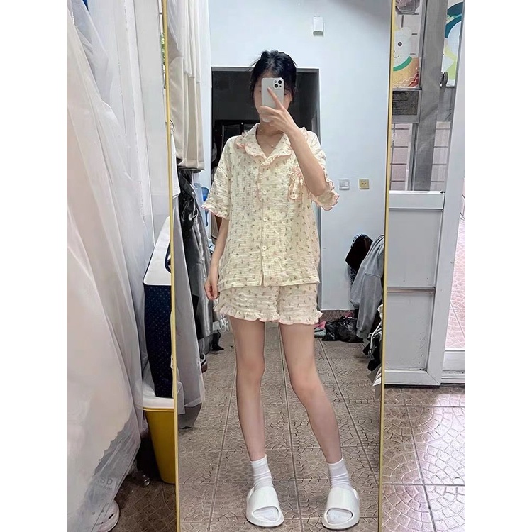 Bộ Đồ Ngủ Ngắn Tay Mềm Mại In Họa Tiết Hoa Xinh Xắn Thời Trang Mùa Hè Cho Nữ
