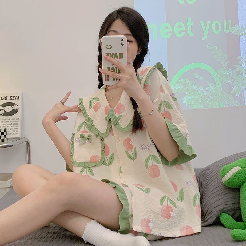 Bộ Đồ Ngủ Áo Tay Ngắn Phối Bèo + Quần Short In Họa Tiết Hoa Tulip Thời Trang Mùa Hè Xinh Xắn Cho Nữ