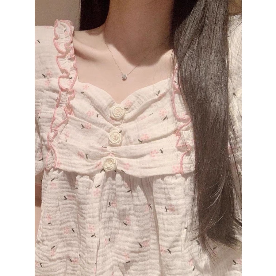 Bộ Đồ Ngủ Áo Tay Ngắn Phối Bèo + Quần Sooc Thời Trang Mùa Hè Xinh Xắn Cho Nữ