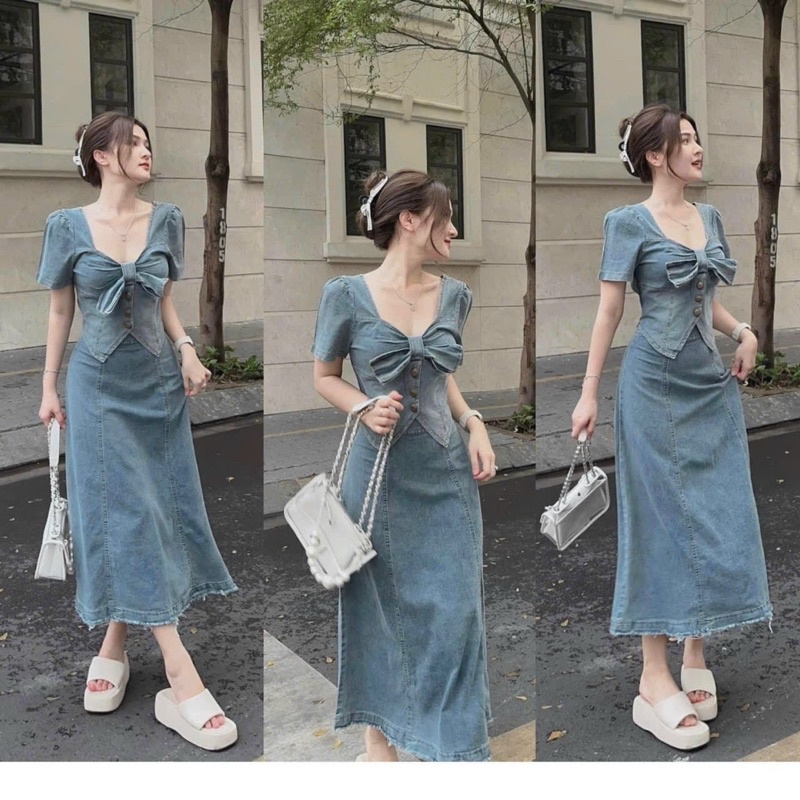 Set áo jean bèo nơ kèm chân váy midi dài