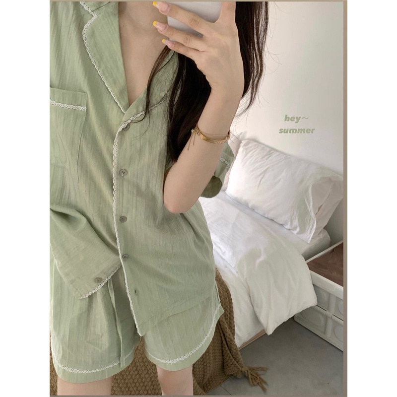 Bộ Đồ Ngủ Áo Tay Ngắn Phối Quần Short Dáng Rộng Màu Sắc Đơn Giản Thời Trang Mùa Hè Cho Nữ