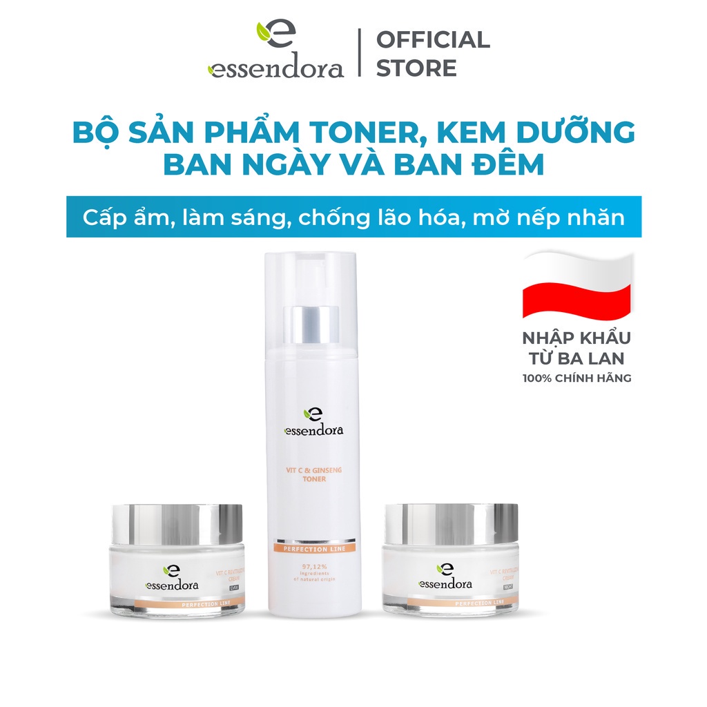 Bộ Sản Phẩm Toner, Kem Dưỡng Ngày Đêm ESSENDORA Giúp Làm Sáng Và Đều Màu Da, Ngăn Ngừa Lão Hóa, Làm Mờ Nếp Nhăn