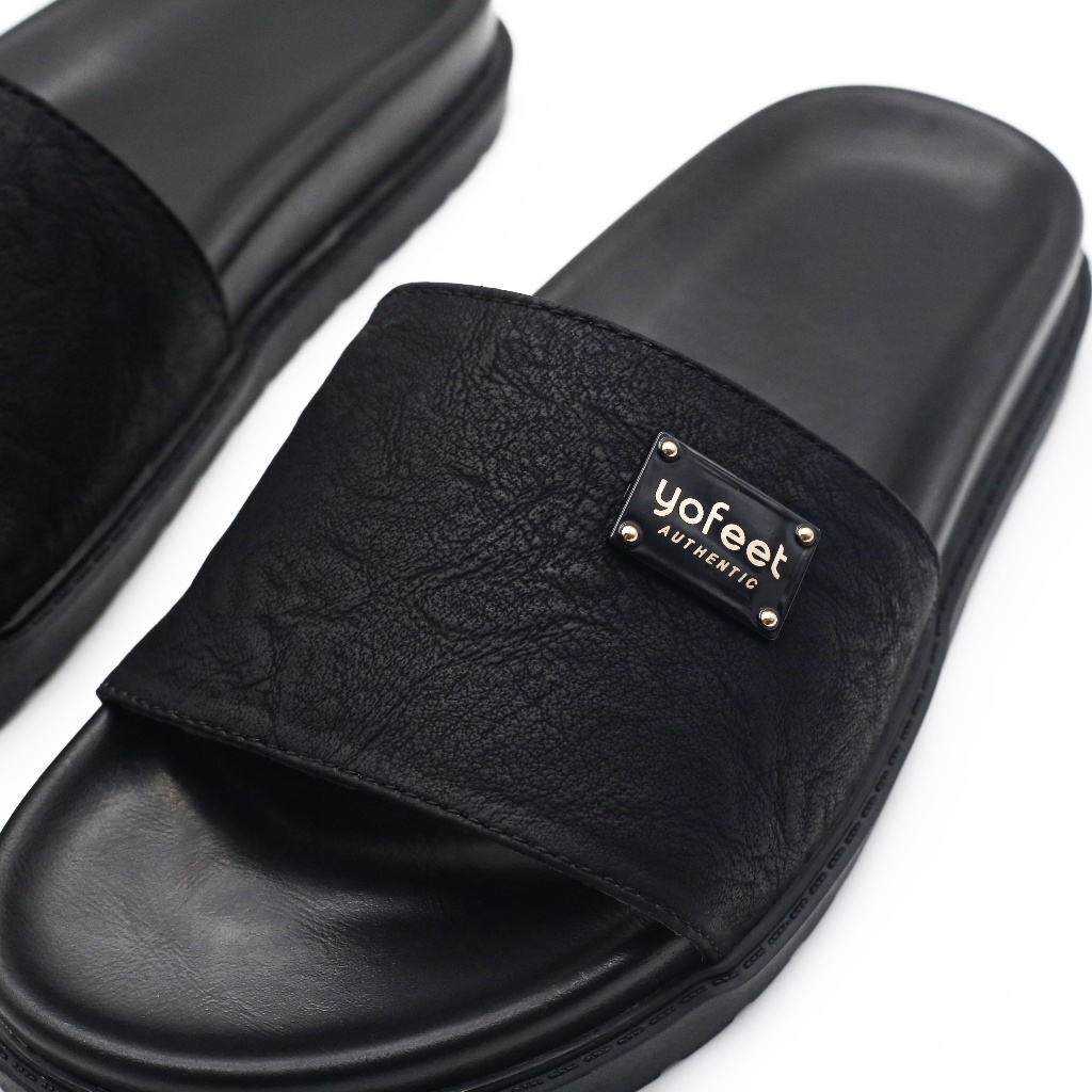 Dép Nam quai ngang YOFEET  bản màu đen da sần phong cách thời trang năng động trẻ trung