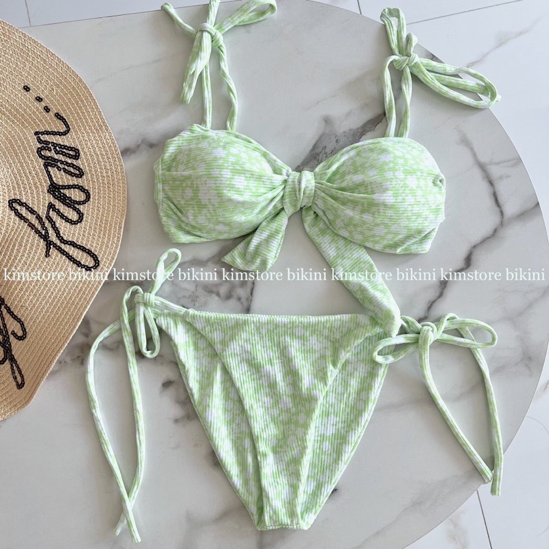 Bikini đồ bơi 2 mảnh cột nơ chất gân xanh hoa nhí