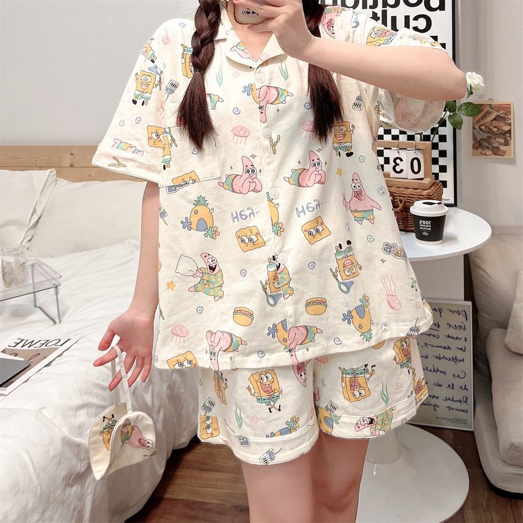 Bộ Đồ Ngủ Áo Ngắn Tay Phối Quần Short In Hoạt Hình Spongebob Thời Trang Mùa Hè Cho Nữ