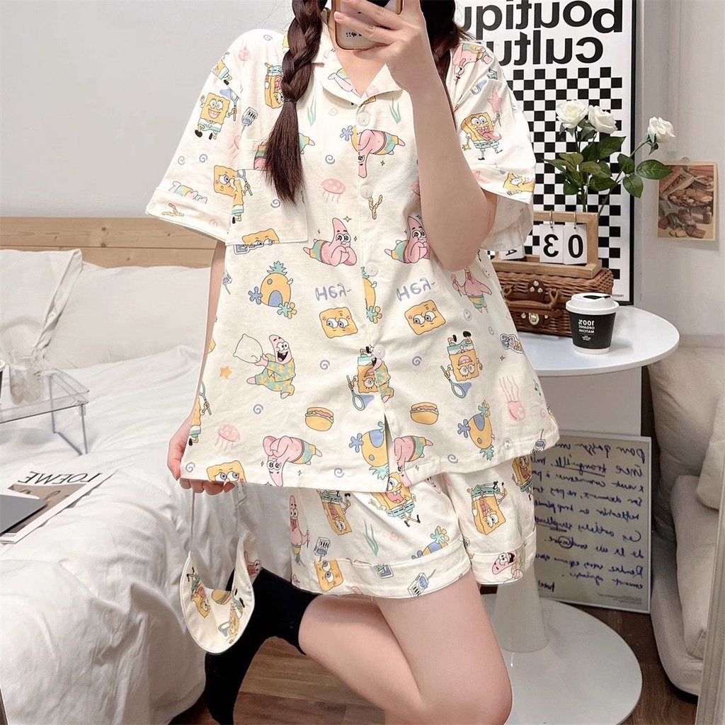 Bộ Đồ Ngủ Áo Ngắn Tay Phối Quần Short In Hoạt Hình Spongebob Thời Trang Mùa Hè Cho Nữ