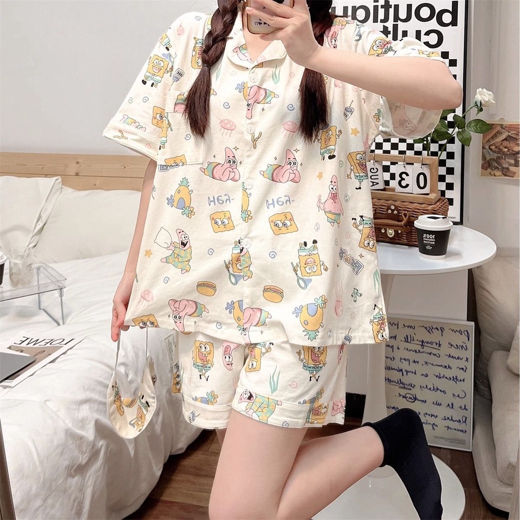 Bộ Đồ Ngủ Áo Ngắn Tay Phối Quần Short In Hoạt Hình Spongebob Thời Trang Mùa Hè Cho Nữ