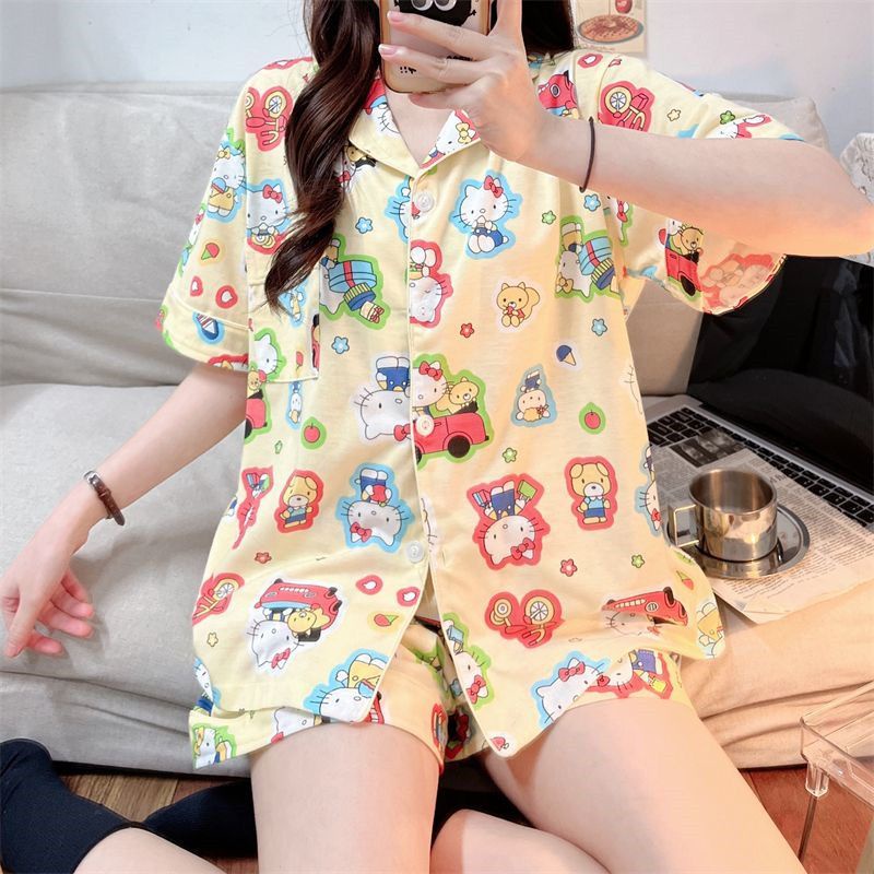 Bộ Đồ Ngủ Ngắn Tay Họa Tiết Hoạt Hình Hello Kitty Thời Trang Mùa Hè Cho Nữ