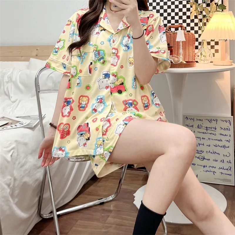 Bộ Đồ Ngủ Ngắn Tay Họa Tiết Hoạt Hình Hello Kitty Thời Trang Mùa Hè Cho Nữ