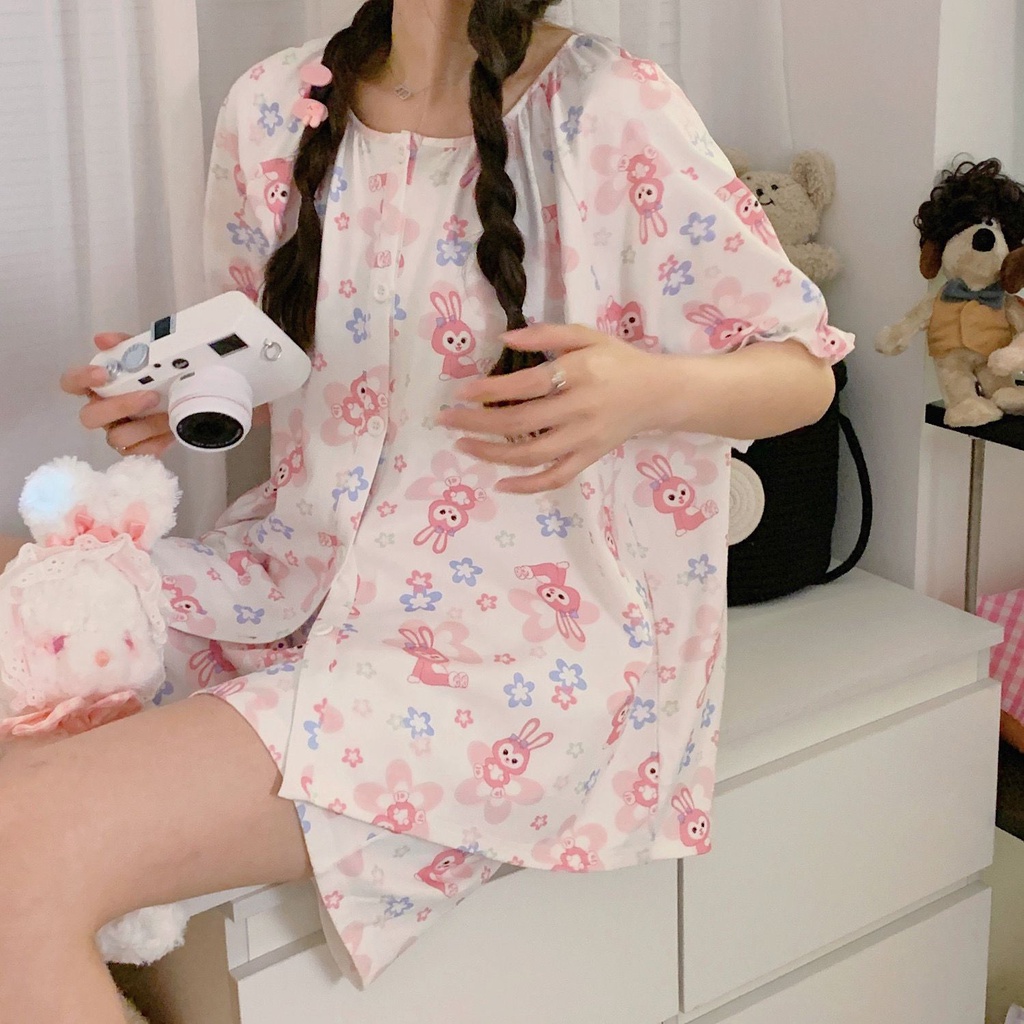 Bộ Đồ Ngủ Áo Tay Ngắn Cổ Tròn In Họa Tiết Ngôi Sao Dew Dễ Thương Thời Trang Mùa Hè Cho Nữ