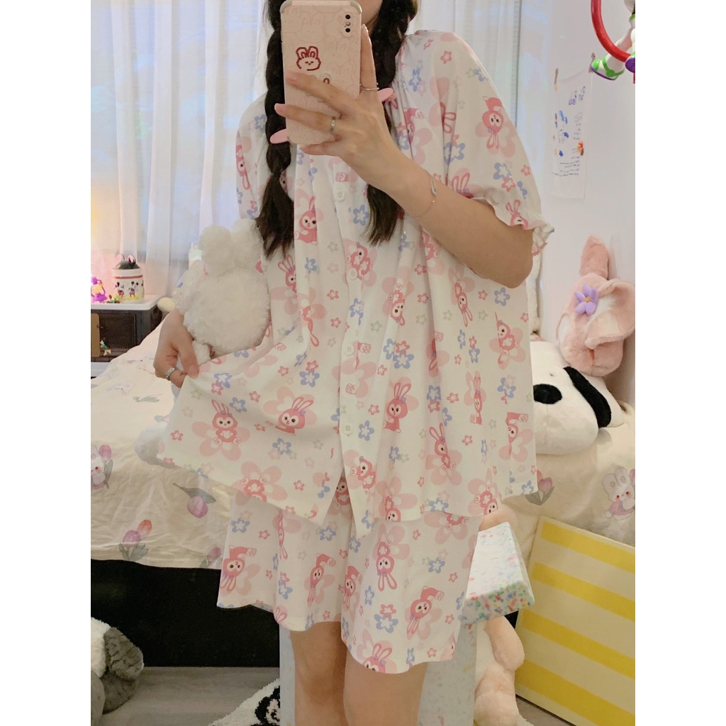 Bộ Đồ Ngủ Áo Tay Ngắn Cổ Tròn In Họa Tiết Ngôi Sao Dew Dễ Thương Thời Trang Mùa Hè Cho Nữ