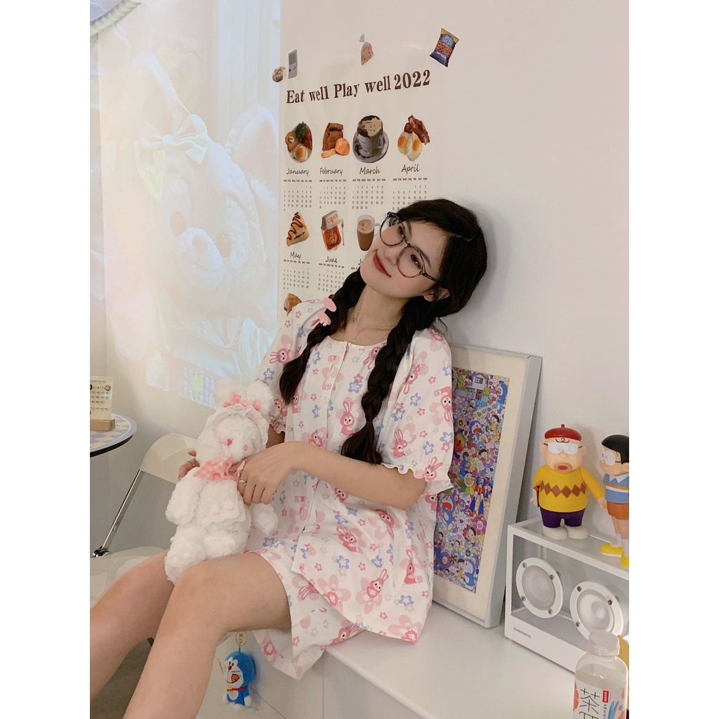 Bộ Đồ Ngủ Áo Tay Ngắn Cổ Tròn In Họa Tiết Ngôi Sao Dew Dễ Thương Thời Trang Mùa Hè Cho Nữ