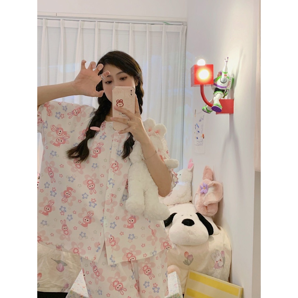 Bộ Đồ Ngủ Áo Tay Ngắn Cổ Tròn In Họa Tiết Ngôi Sao Dew Dễ Thương Thời Trang Mùa Hè Cho Nữ