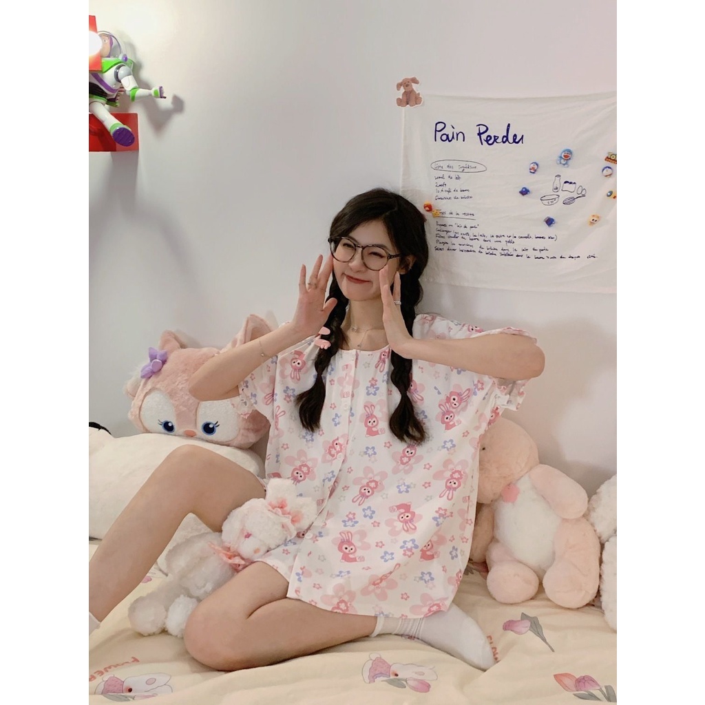 Bộ Đồ Ngủ Áo Tay Ngắn Cổ Tròn In Họa Tiết Ngôi Sao Dew Dễ Thương Thời Trang Mùa Hè Cho Nữ