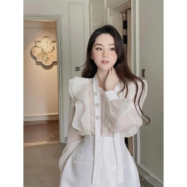 Sét Áo Viền Bèo Phối Dây Đính Đá + Chân Váy - D0757 Dạo Phố, Dự Tiệc VSV Clothing