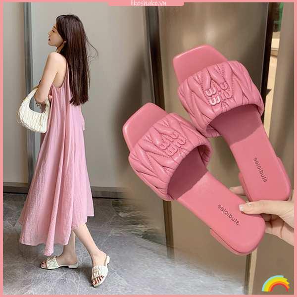 Dép Đế Bằng Mũi Vuông Xếp Ly Thời Trang Cho Nữ