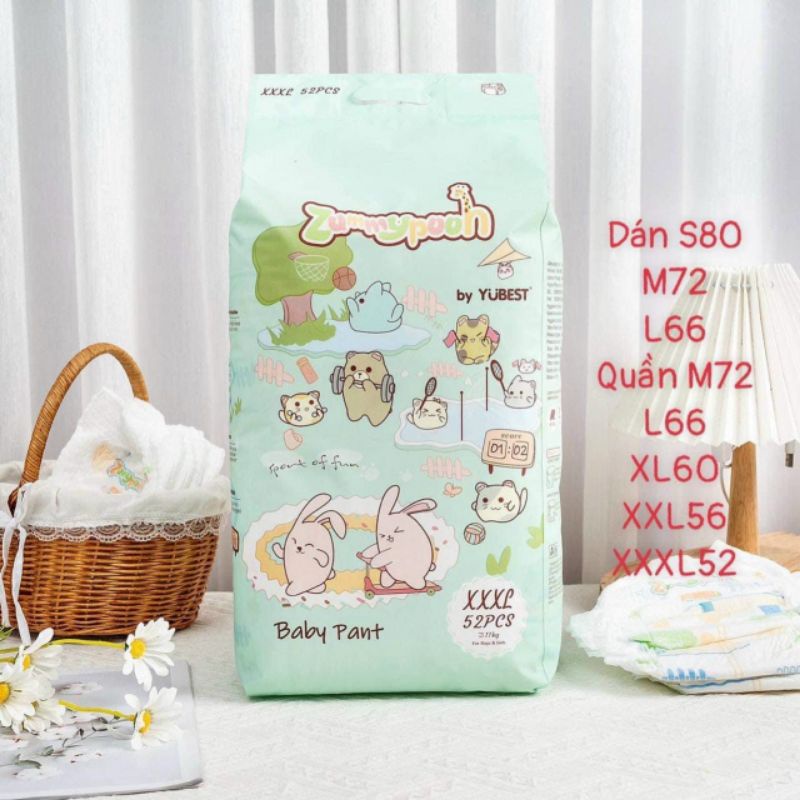 Bỉm Zummy Pooh chính hãng dán/quần S80/M72/L66/XL60/XXL56/3XL52