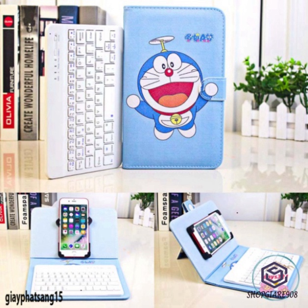 Bao Da Kèm keyboard Bluetooth HÌNH đô rê mon Cho Iphone / Android 4.5-6.8inch đazinăng doraemon
