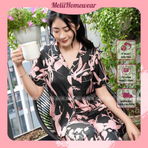 Bộ Pijama Lụa Thiết Kế Cao Cấp Thương Hiệu Melii Hoa Lan Hồng - Set 3 Chi Tiết Áo - Quần Dài - Quần Đùi.