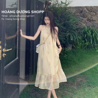 Đầm Midi Dáng Rộng Cổ Yếm Thêu Hoa, Váy Tiểu Thư Cổ Tròn Dáng Tuôn Dài Thanh Lịch Mùa Hè Cho Nữ 2023