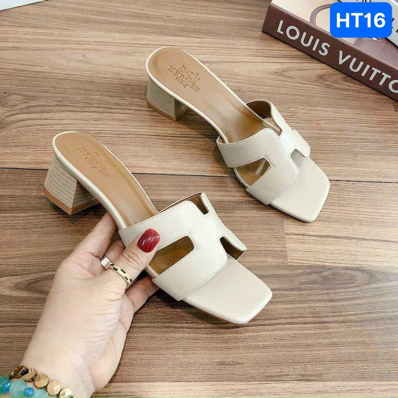 Guốc cao got vuông HM cao 5cm,quai da và vải jean xanh