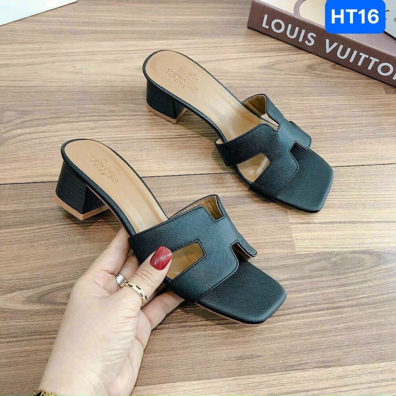 Guốc cao got vuông HM cao 5cm,quai da và vải jean xanh