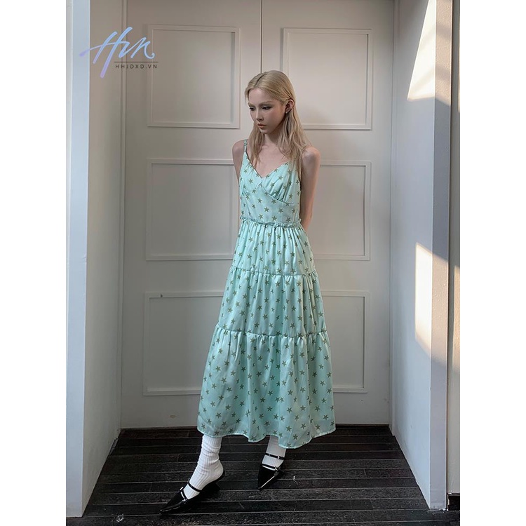 Đầm Hai Dây Cổ Chữ V Vải Satin Dáng Rộng In Hình Ngôi Sao Màu Xanh Bạc Hà Thời Trang
