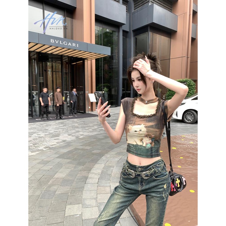 Áo Cổ Yếm Ngắn Tay In Họa Tiết Thời Trang 2023 Cho Bé Gái Dễ Phối Đồ