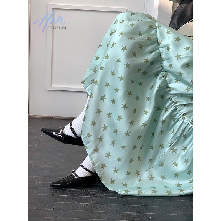 Đầm Hai Dây Cổ Chữ V Vải Satin Dáng Rộng In Hình Ngôi Sao Màu Xanh Bạc Hà Thời Trang