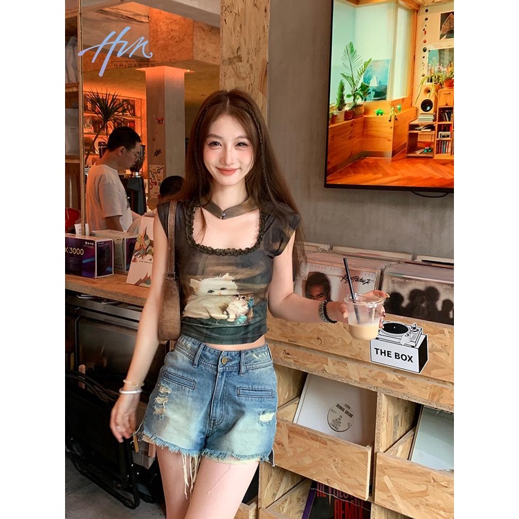 Áo Cổ Yếm Ngắn Tay In Họa Tiết Thời Trang 2023 Cho Bé Gái Dễ Phối Đồ