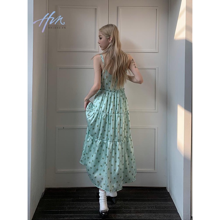 Đầm Hai Dây Cổ Chữ V Vải Satin Dáng Rộng In Hình Ngôi Sao Màu Xanh Bạc Hà Thời Trang