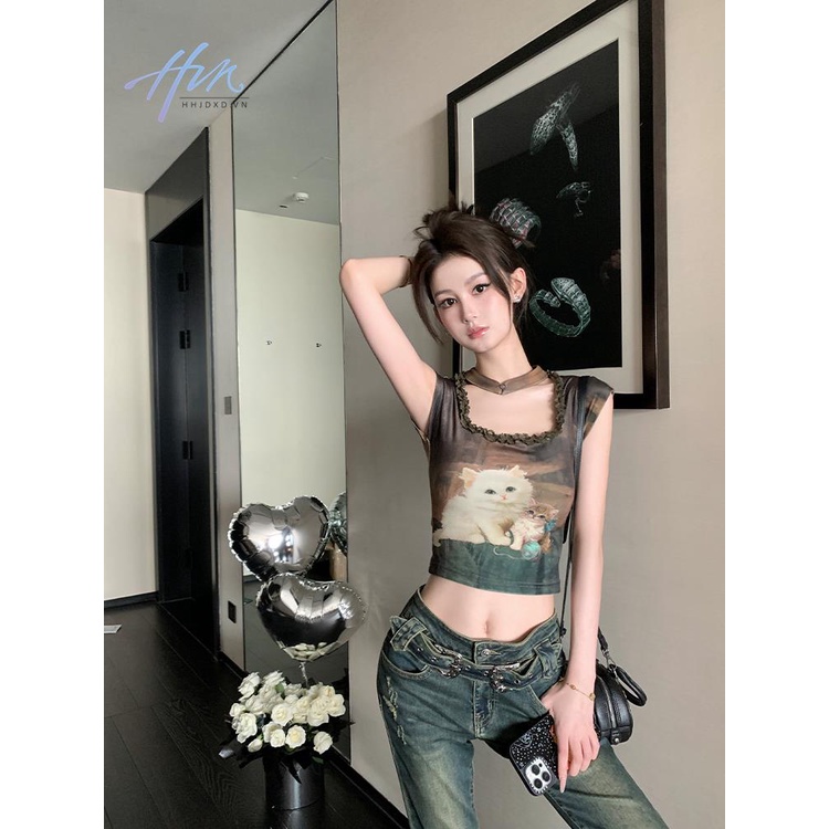 Áo Cổ Yếm Ngắn Tay In Họa Tiết Thời Trang 2023 Cho Bé Gái Dễ Phối Đồ