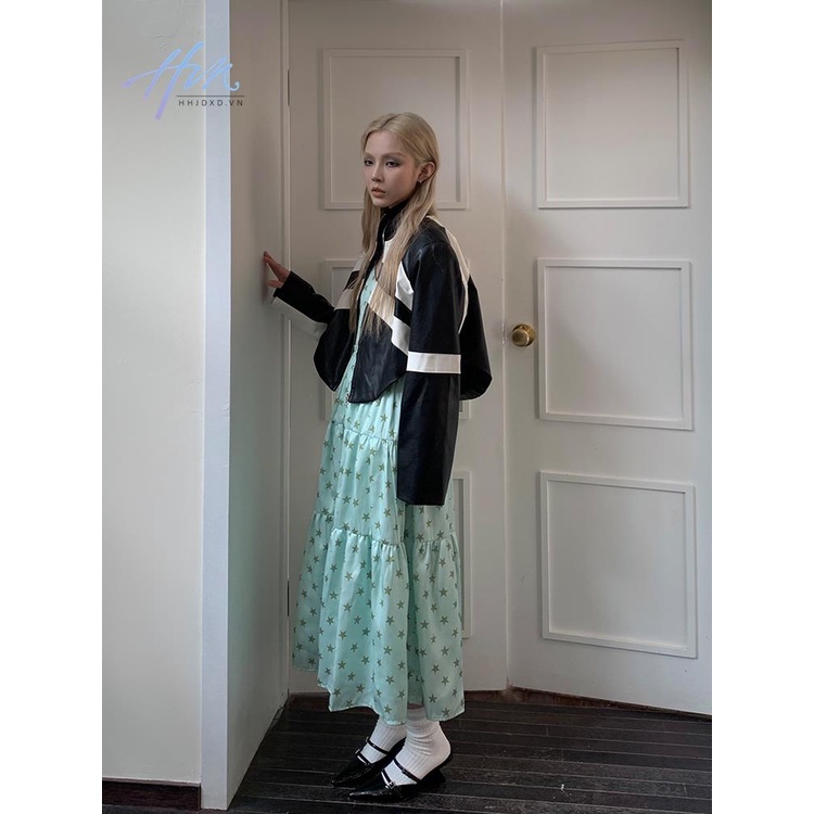 Đầm Hai Dây Cổ Chữ V Vải Satin Dáng Rộng In Hình Ngôi Sao Màu Xanh Bạc Hà Thời Trang