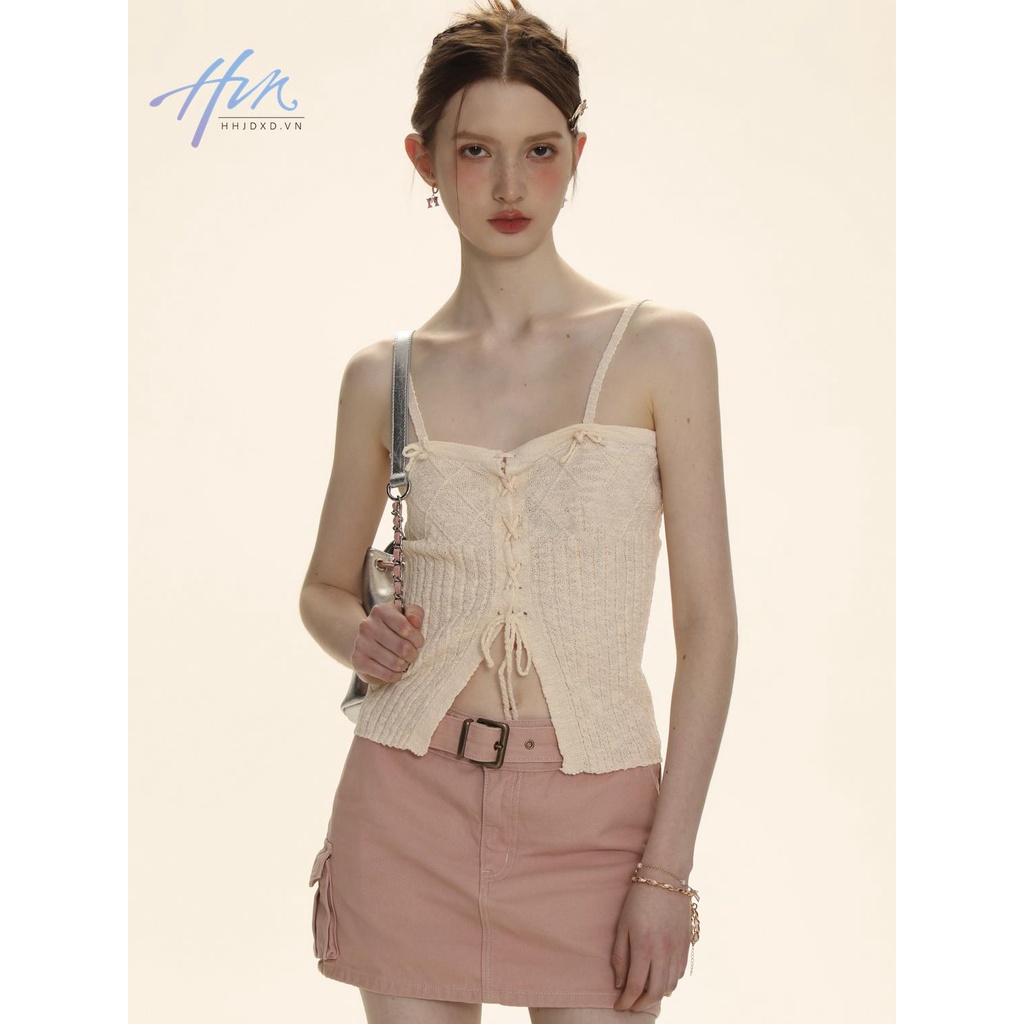 Áo Dệt Kim Hai Dây Thắt Nơ Bên Ngoài Màu Trơn Cá Tính Mùa Hè Cho Nữ