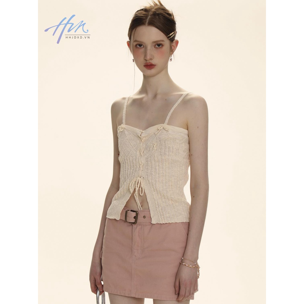 Áo Dệt Kim Hai Dây Thắt Nơ Bên Ngoài Màu Trơn Cá Tính Mùa Hè Cho Nữ