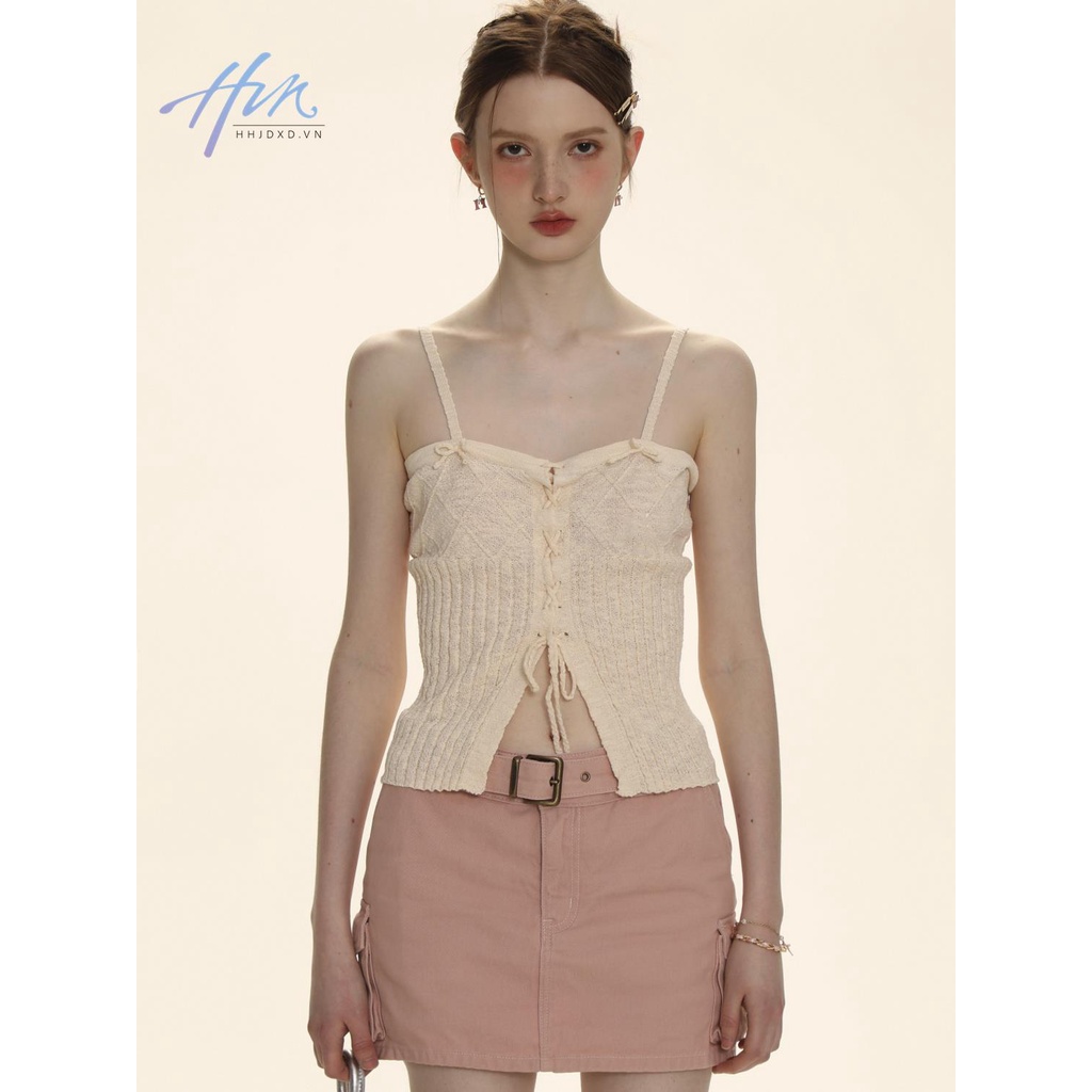 Áo Dệt Kim Hai Dây Thắt Nơ Bên Ngoài Màu Trơn Cá Tính Mùa Hè Cho Nữ