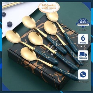 Thìa cán sứ mạ vàng set 6 chiếc cao cấp, Sét 6 thìa xanh