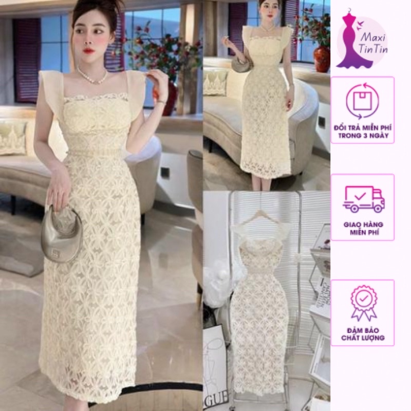 Đầm váy đi tiệc body tay cánh tiên chất ren đính ngọc phong cách sang trọng quý phái-MaxiTinTin