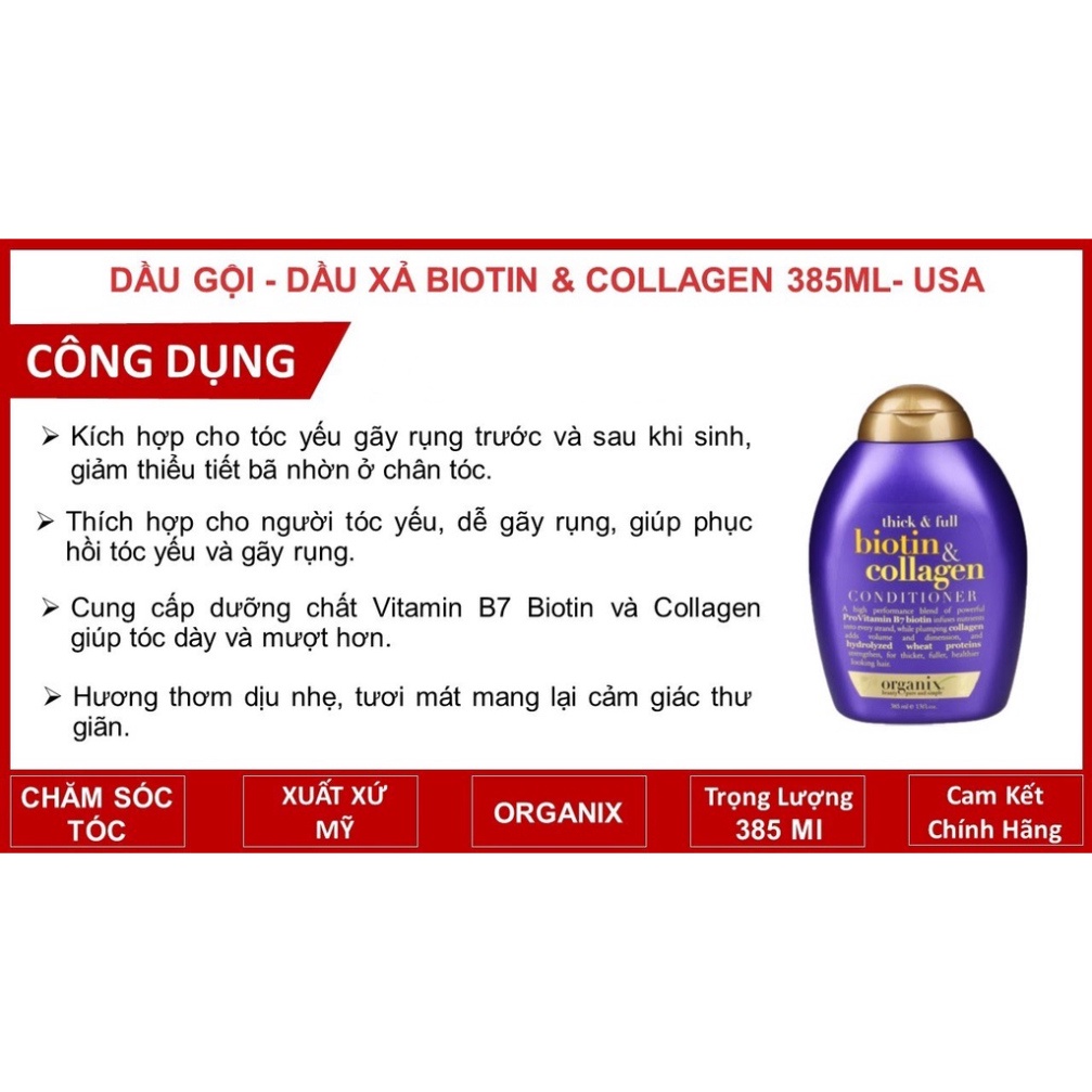 Dầu Gội, Xả Biotin Và Collagen Chống Rụng Tóc, Kích Thích Mọc Tóc 385ml
