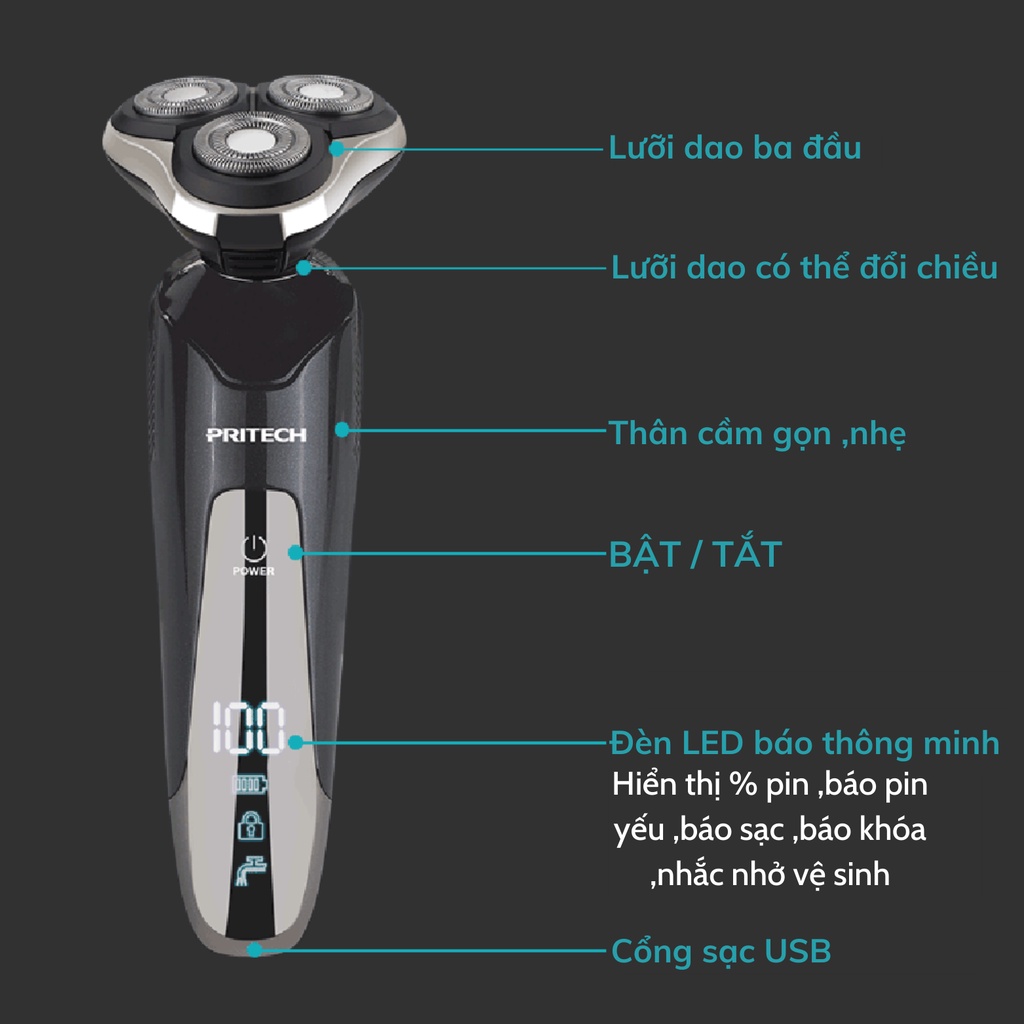 Máy cạo râu 3 trong 1 Pritech máy cạo râu 3 lưỡi kép không gây kích ứng da động cơ mạnh mẽ và thiết kế nhỏ gọn - REMO