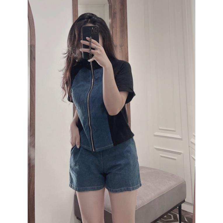 BỘ ĐÙI BÒ XANH PHỐI ĐEN KÉO KHOÁ CHO NỮ